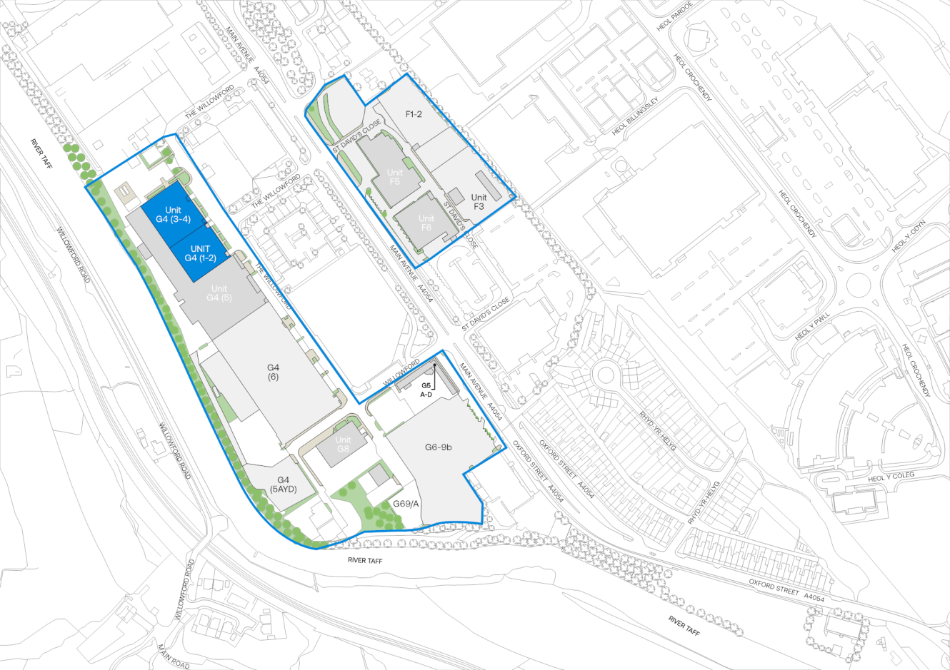 Site plan showing outlined buildings labeled by units (e.g., G4, S4, P2), pathways, parking areas, green spaces, and surrounding roads.