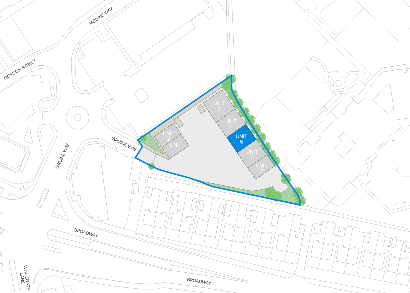A site plan showing five units within a triangular plot bordered by Jasmine Way and Broadway; units 4 and 5 are shaded blue, and the boundary is outlined in blue.
