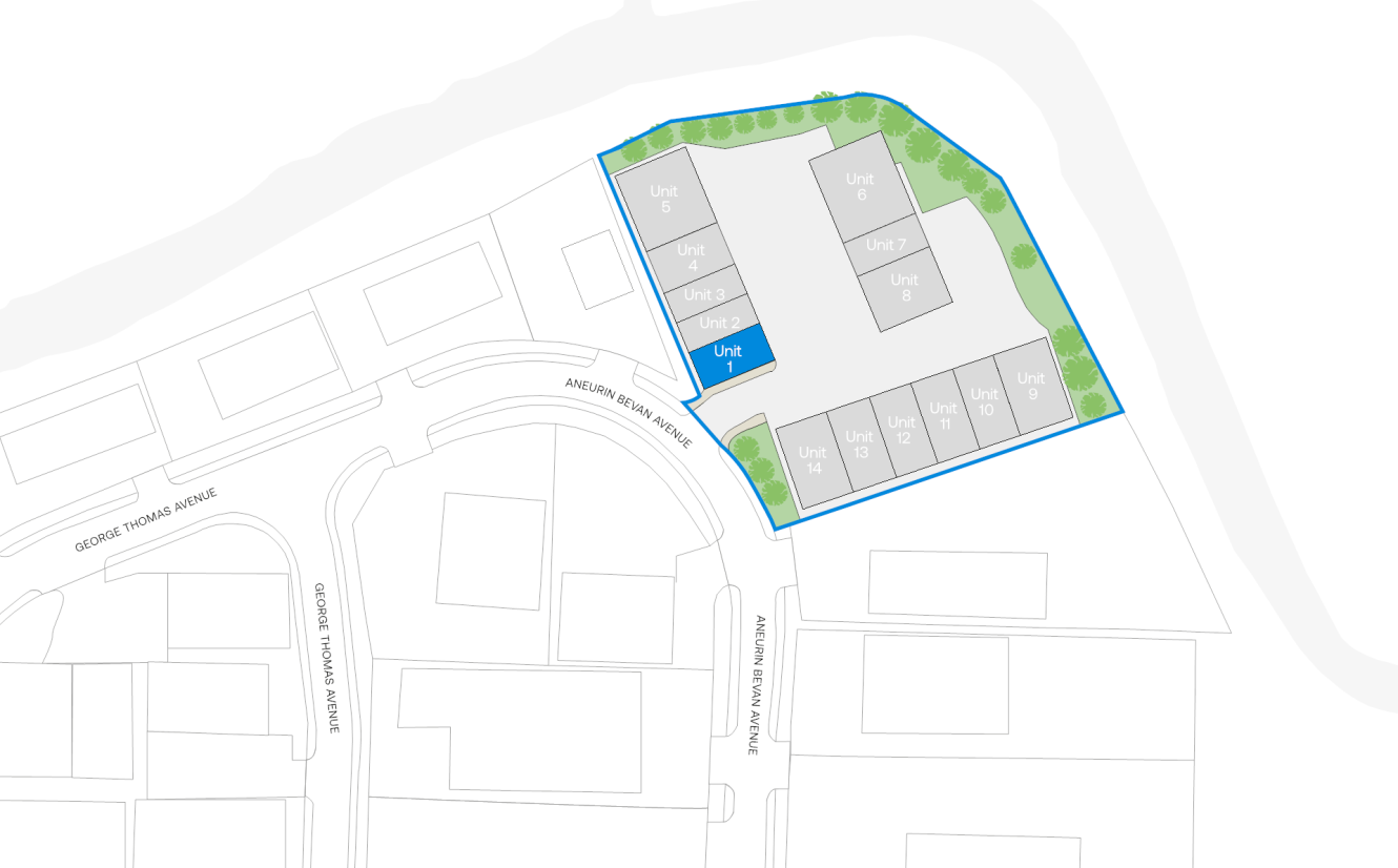 Site map showing a residential development with 13 labeled units, parking areas, surrounding streets, and some green spaces along the border.