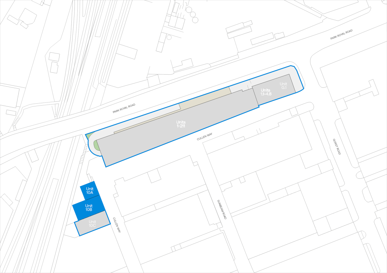 Site plan showing multiple building units along Great Western Road and Cullerne Road, with units labeled and outlined, and nearby roads and structures indicated in grayscale.