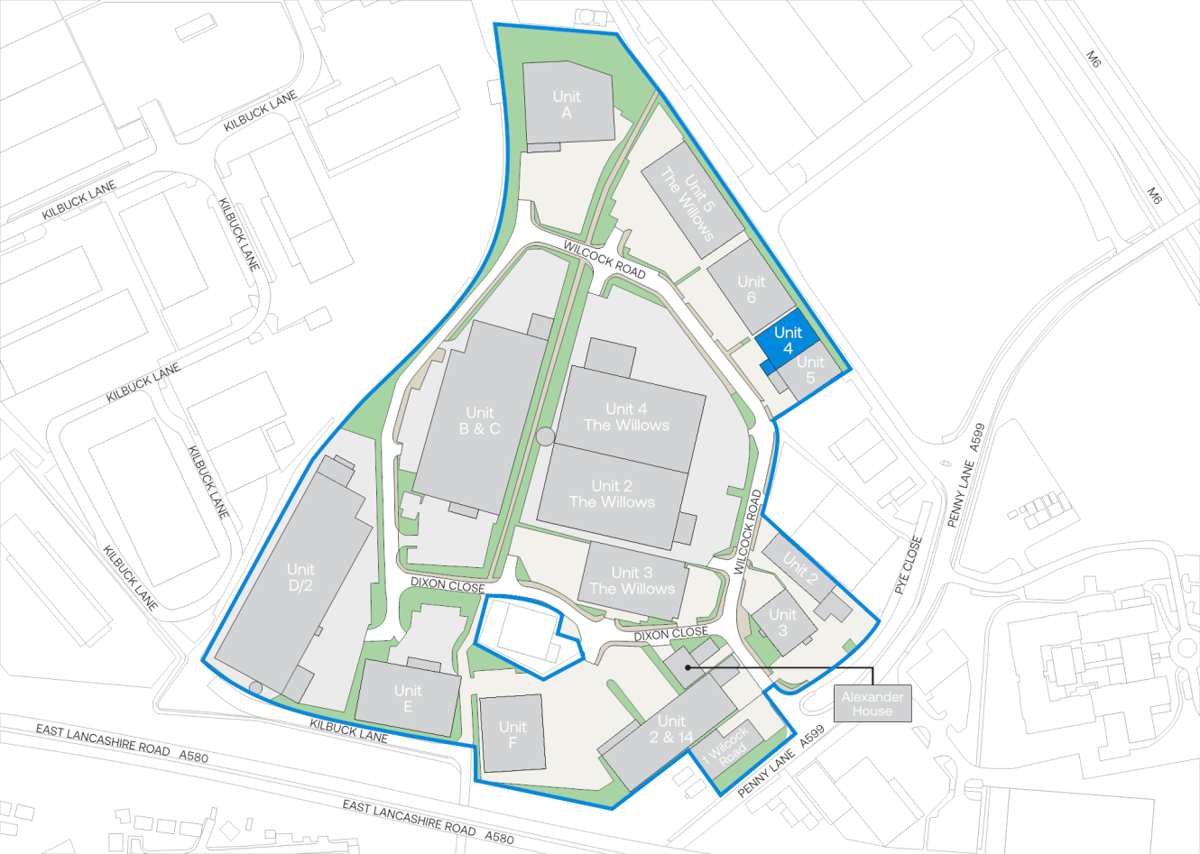 Map of a business park layout with labeled units (A, B & C, D/1, D/2, E, F, 1, 2, 3, 4, The Willows) and surrounding roads, paths, and parking areas.
