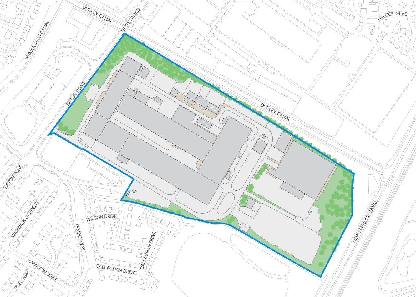 Aerial site plan of a large industrial complex bordered by Dulcy Canal, Wilson Drive, and Millstream Canal, with adjacent roads and green areas.