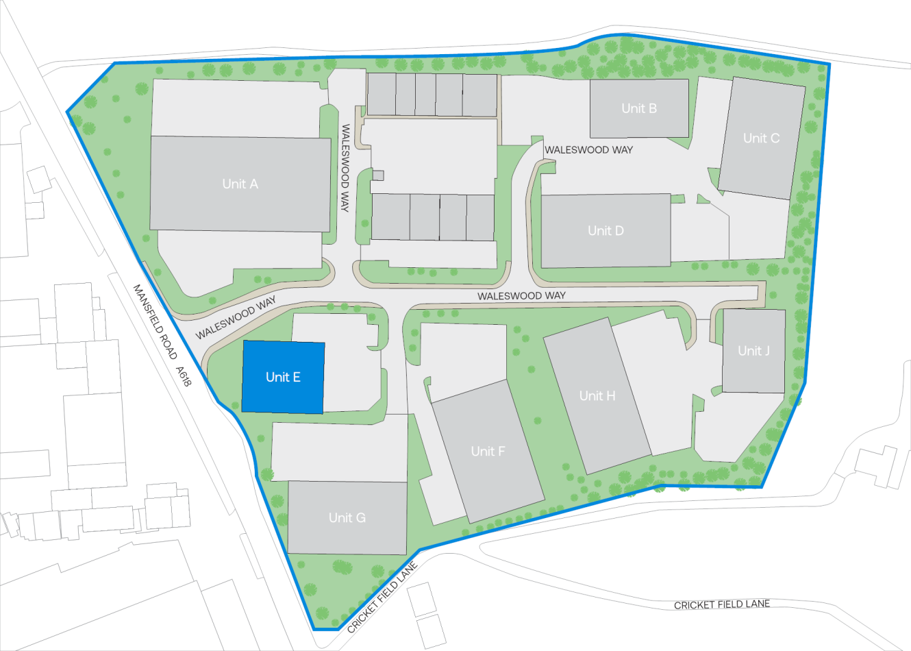 A site plan shows multiple labeled units (A-H) and roads (Waleswood Way, Ashroyds Way, Cricket Field Lane), with Unit E highlighted in blue and surrounding green areas.