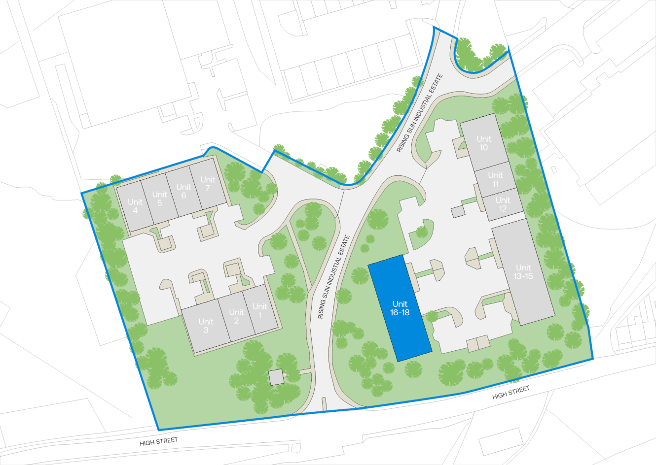 Site plan showing two clusters of residential units (1–8 and 9–16), internal roads, green spaces, and access from High Street. Boundaries and each unit are clearly labelled.