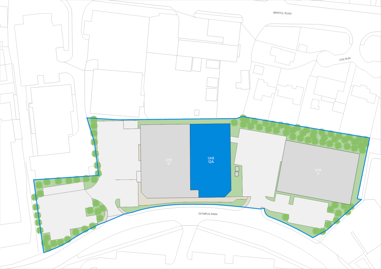 A site plan showing multiple rectangular buildings, labelled Unit 12, Unit 12A, and others, surrounded by roads, green areas, and trees.