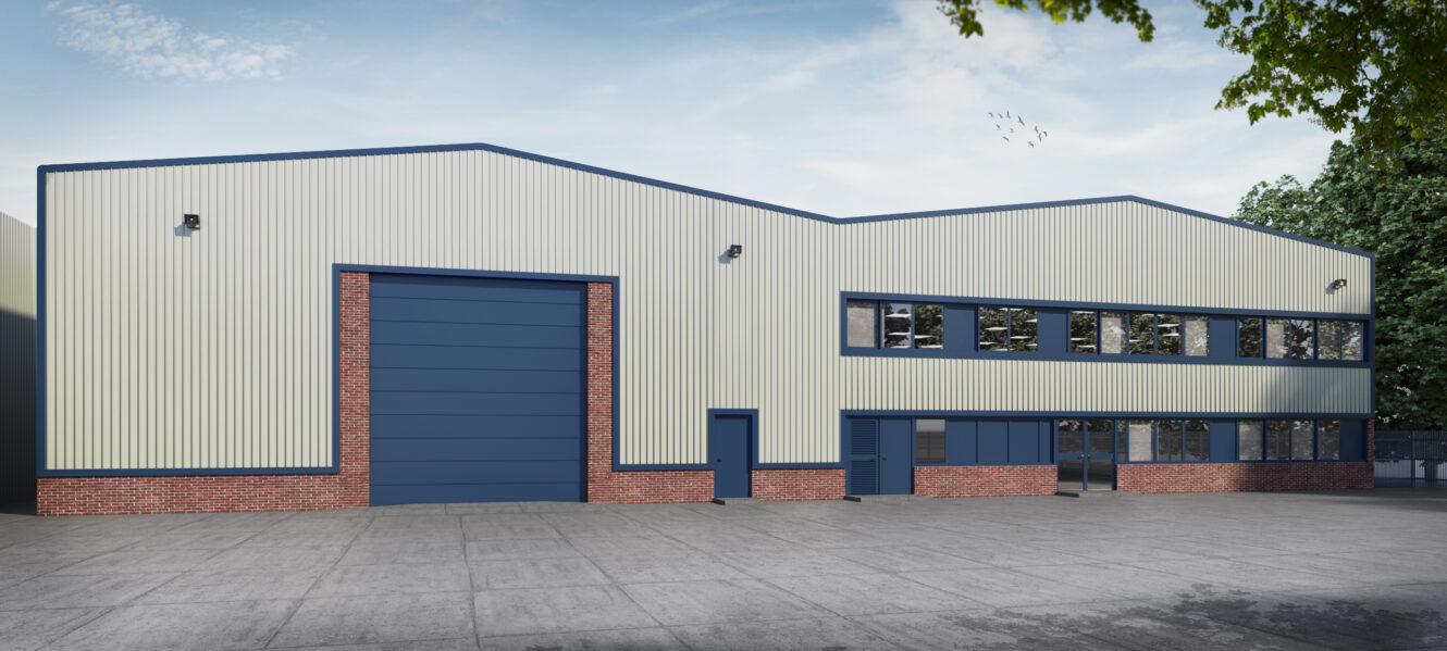 A modern industrial warehouse with a brick and metal exterior, featuring large blue doors, multiple windows, and an empty paved area in front.