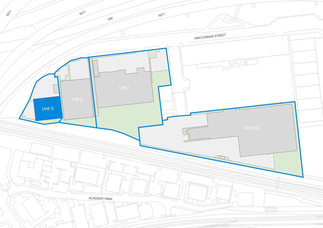 Site map showing outlined property boundaries along Maclennan Street, with Unit 1, Unit 3, and Unit 221 labelled in grey and blue, and surrounding roads and buildings indicated.