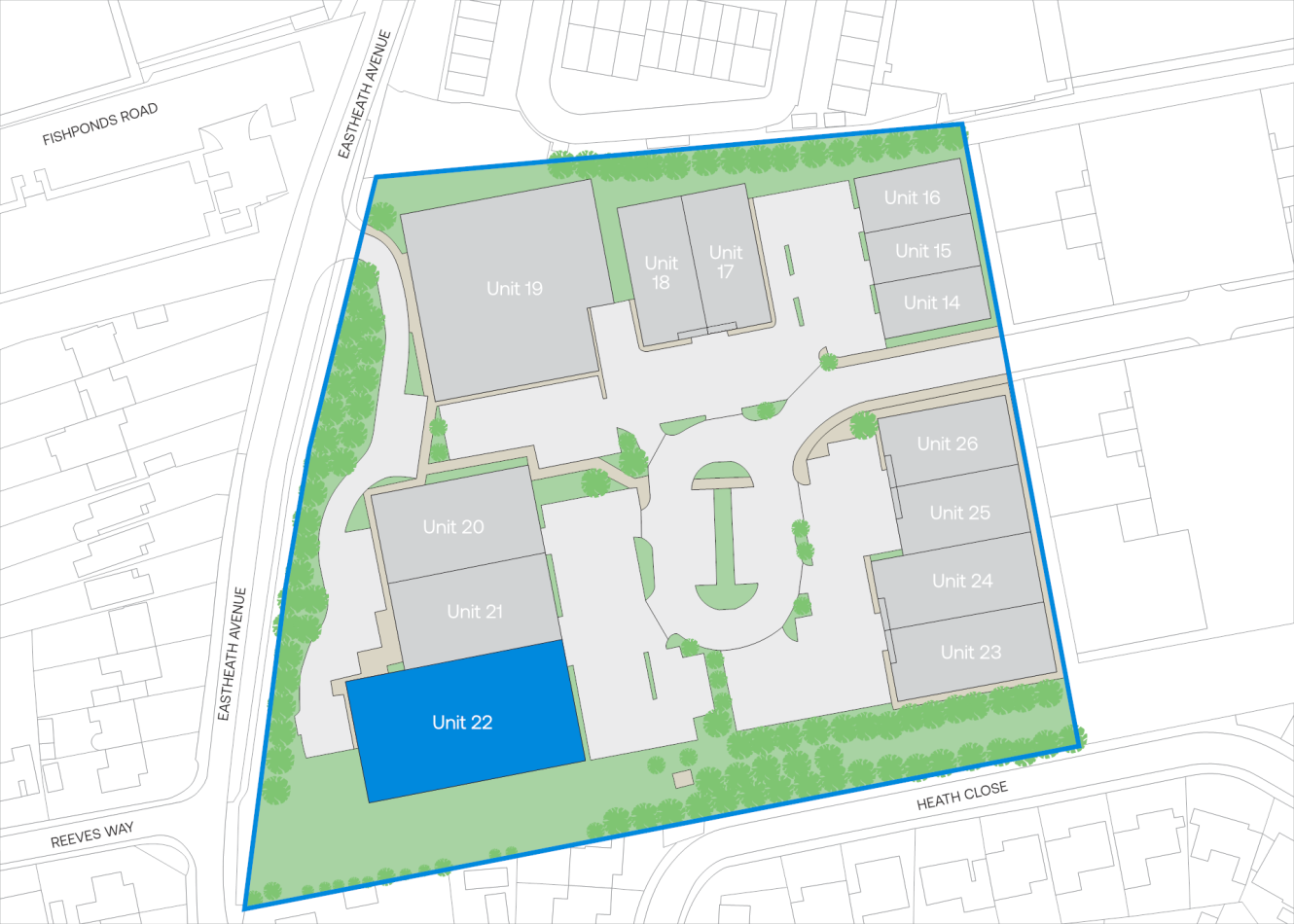 Site map of a building complex with labelled units 14 to 24; Unit 22 is highlighted in blue in the lower left corner. Surrounding streets and trees are also shown.