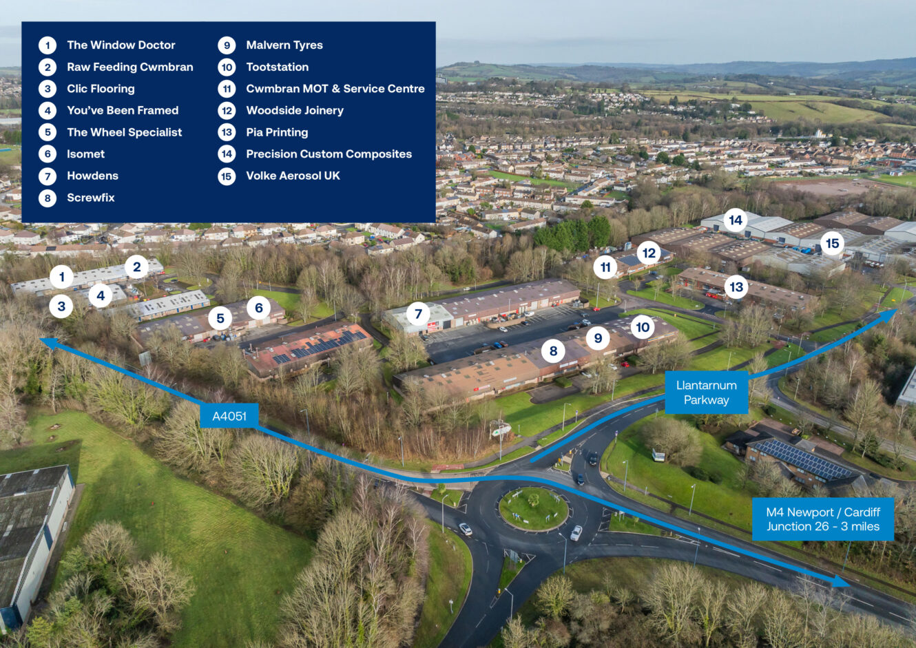 A labelled aerial view of a business park in Cwmbran, Wales, showing buildings, roads, and a list of company names corresponding to numbered locations.