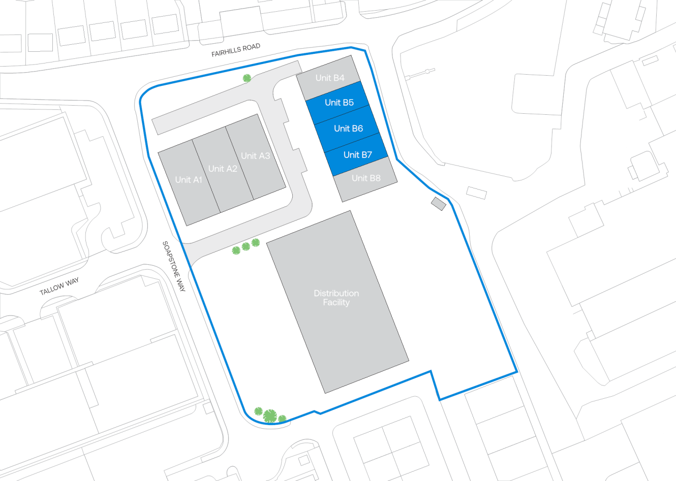 Site map showing a distribution facility and eight labelled units (A1–A4, B4, B5, B7, B8) with surrounding roads and property boundaries highlighted in blue.