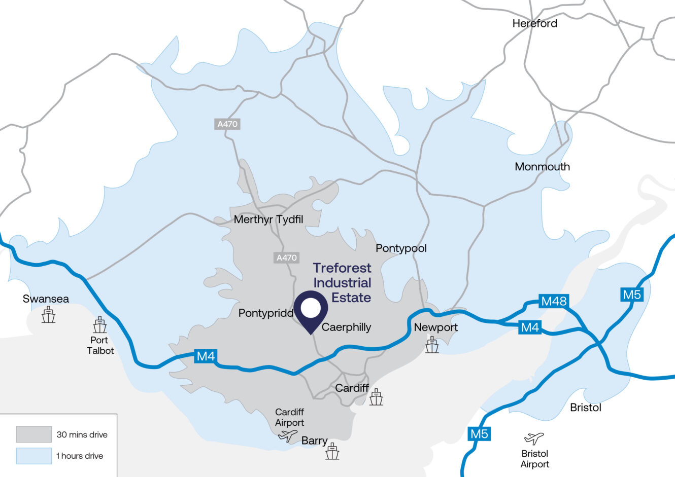 Map showing the location of Treforest Industrial Estate near Cardiff, Wales, with shaded areas indicating 30-minute and 1-hour drive times. Major roads and nearby cities are labelled.