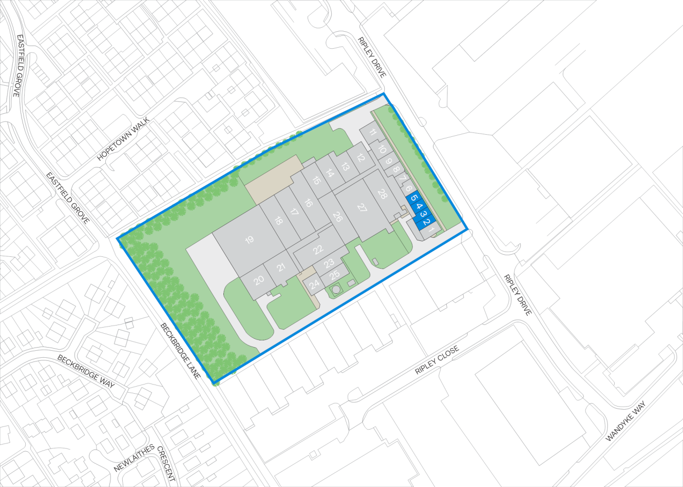 Site map outlining a development complex with numbered plots, green space, parking areas, and surrounding streets labelled with their names.