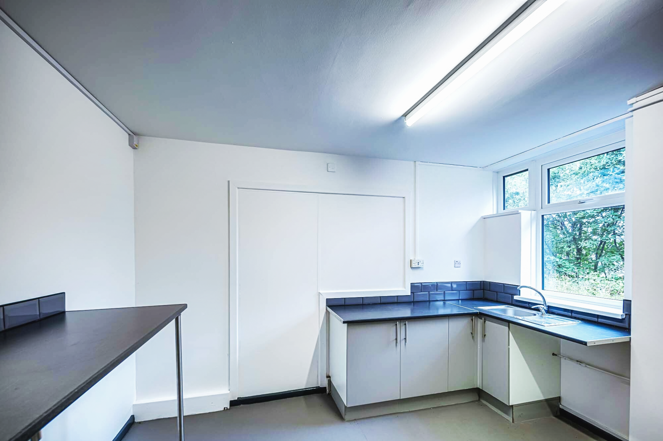 Minimalist kitchen with white walls, grey cupboards, black worktops, a sink by the window, overhead fluorescent light, and a black shelf on the left.