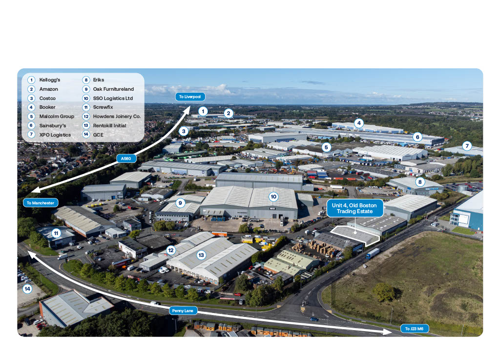 Aerial view of an industrial estate with several large warehouses, labelled with company names and arrows indicating directions to nearby locations.