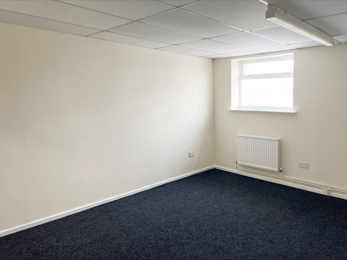 Empty room with white walls, a window, radiator, ceiling tiles, and dark carpet flooring. Natural light enters through the window on the right wall.