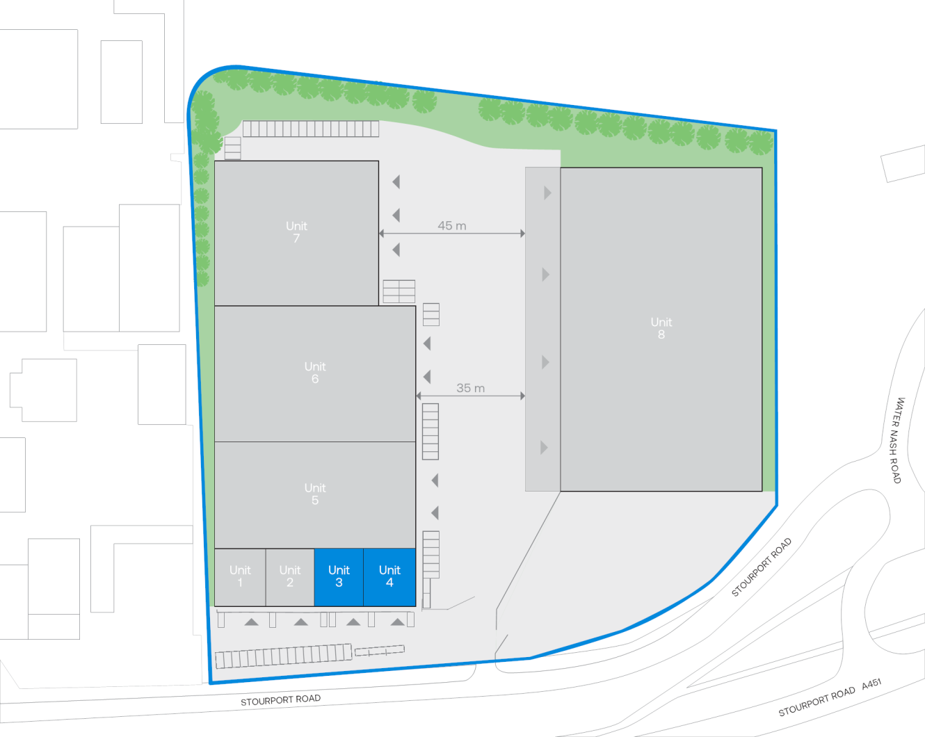 A site plan showing eight units, labelled 1 to 8, with parking areas, greenery along the top edge, and roads on the lower and right sides. Units 3 and 4 are highlighted in blue.