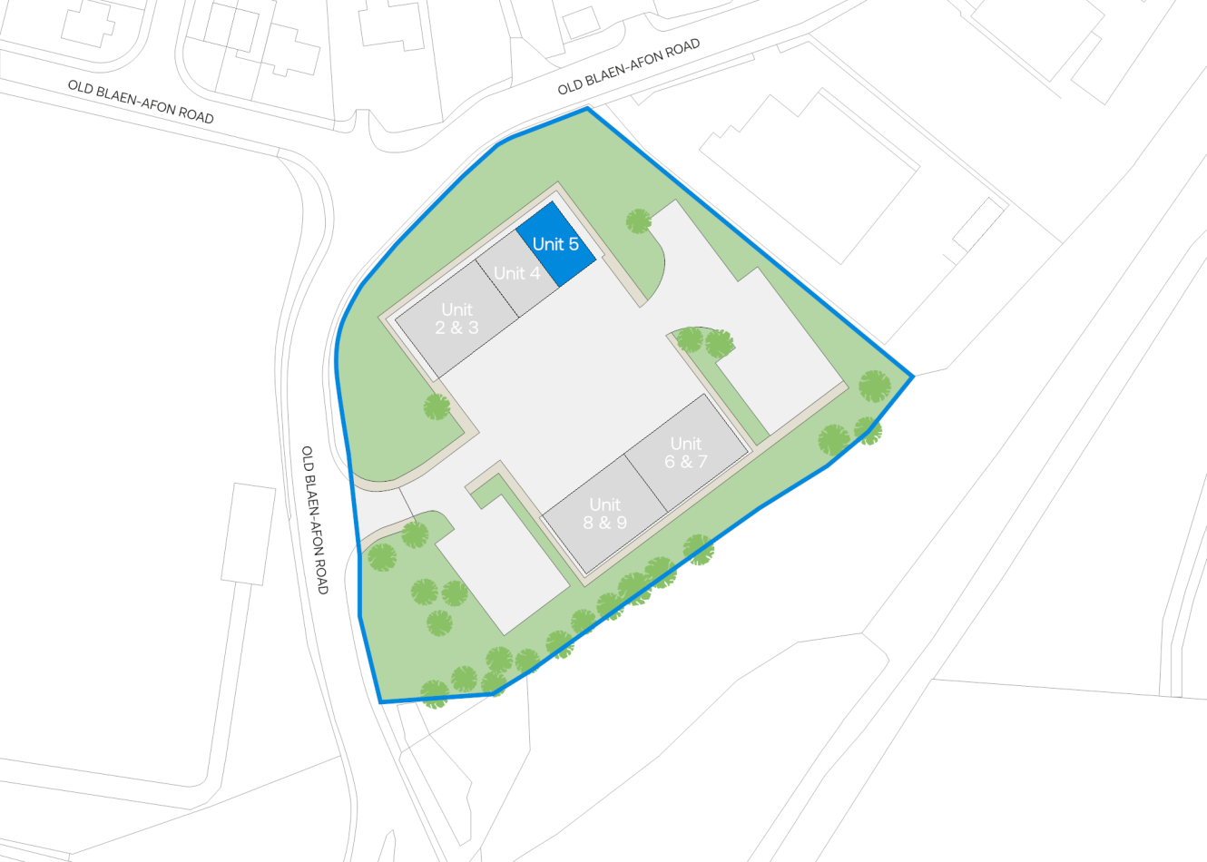 Site map showing multiple building units (2–9) within a blue boundary, labelled roads, green trees, and surrounding streets, with Unit 5 highlighted in blue at the centre.