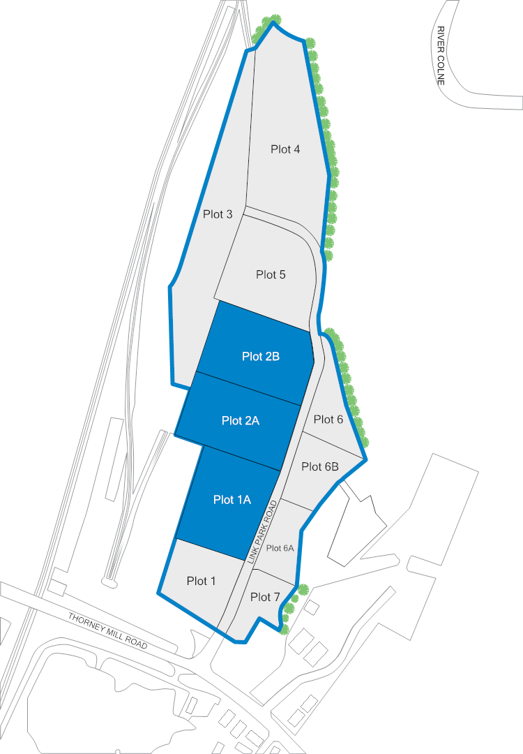 Site map showing seven plots (Plot 1 to Plot 7) and an outlined area, bordered by Thorney Mill Road and a road labelled River Drive.