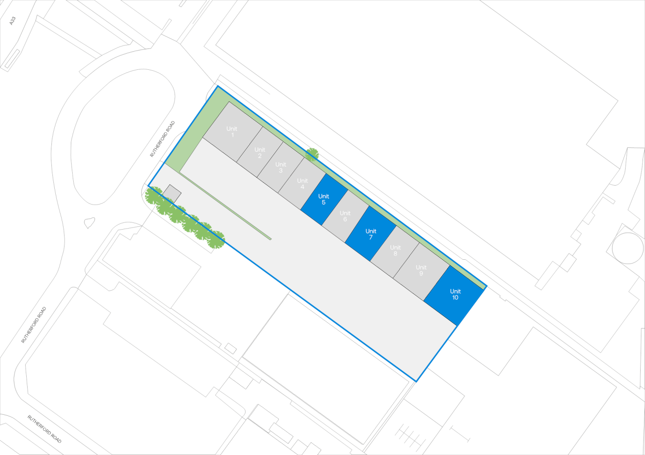 A site plan showing a rectangular property with ten labelled units, some units highlighted in blue, and green areas representing vegetation along one edge.