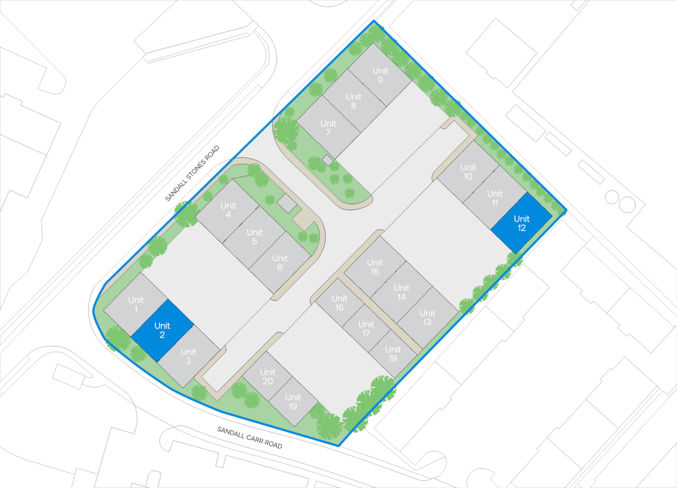 Site plan showing multiple rectangular units labelled Unit 1-20, with Units 2 and 12 highlighted in blue, bordered by Sandall Stones Road and Sandall Carr Road.