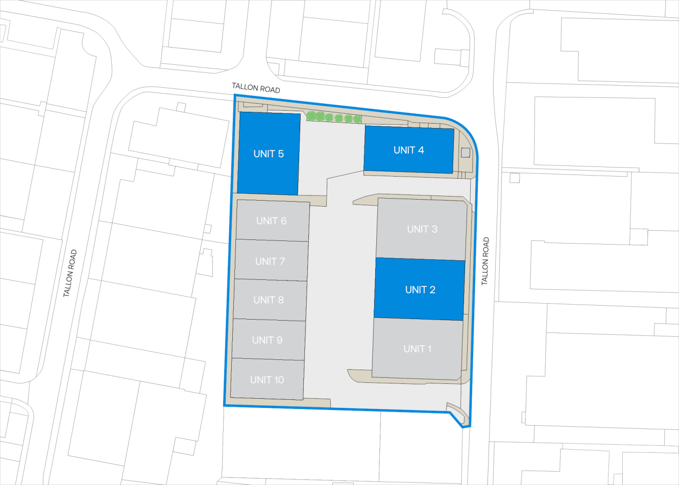 Site plan showing ten units within a bordered area between Tallon Road and another road, with Units 2, 4, and 5 highlighted in blue.