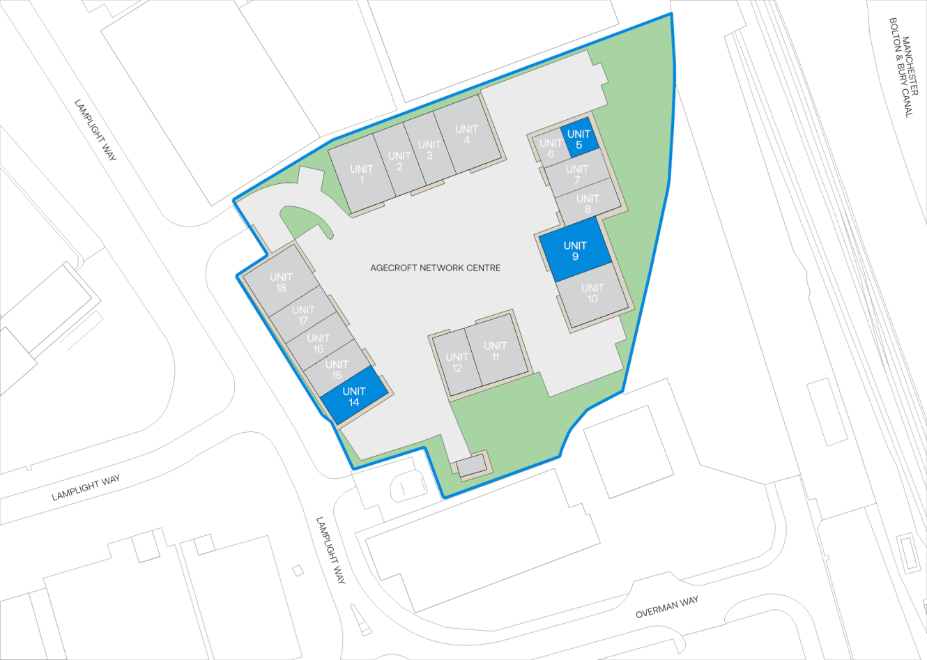 Site map of Agecroft Network Centre outlined in blue, showing 11 labelled units (Unit 1-11), roads, and nearby buildings for context.