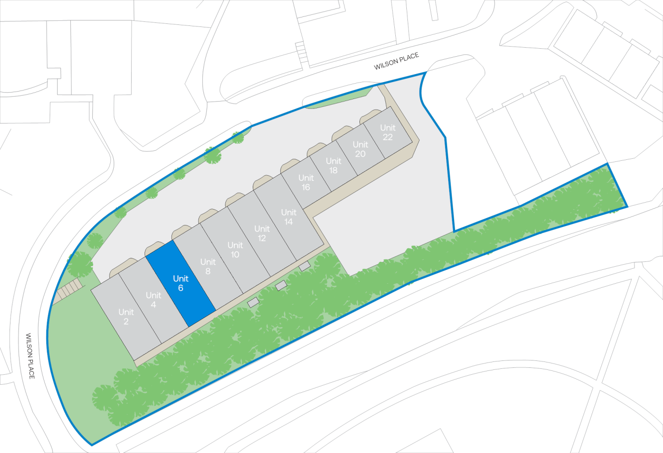 Site plan highlighting Unit 6 in blue among a row of labelled units, bordered by Wilson Place, car parks, and green space.