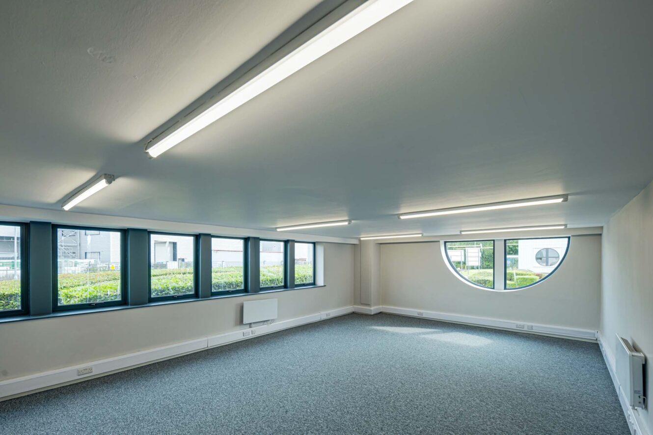 Empty office space with grey carpet, white walls, LED ceiling lights, rectangular and circular windows, and a view of greenery outside.