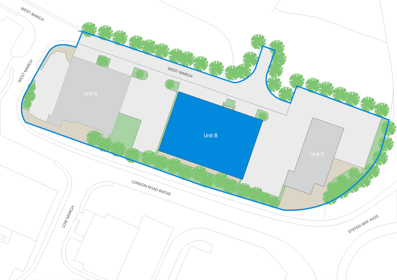 Site plan showing three units labelled A, B, and C surrounded by roads, green trees, and pathways. Unit B is centrally located and highlighted in blue.