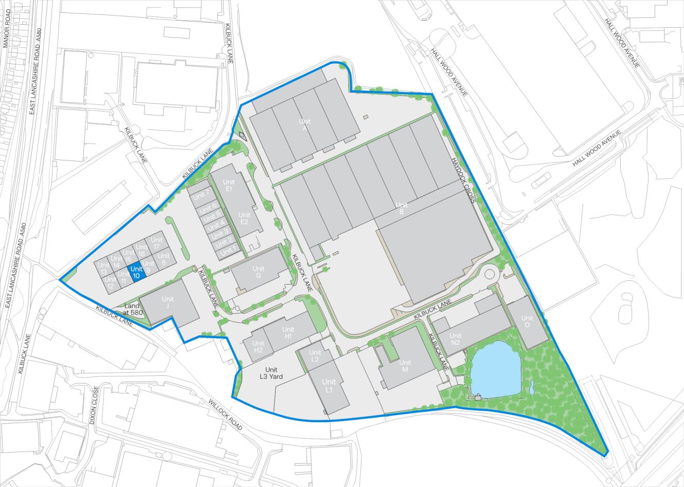 Site map showing multiple buildings, car parks, green spaces, a pond, and bordering roads, with one building labelled L15 highlighted in blue near the site's south-west corner.