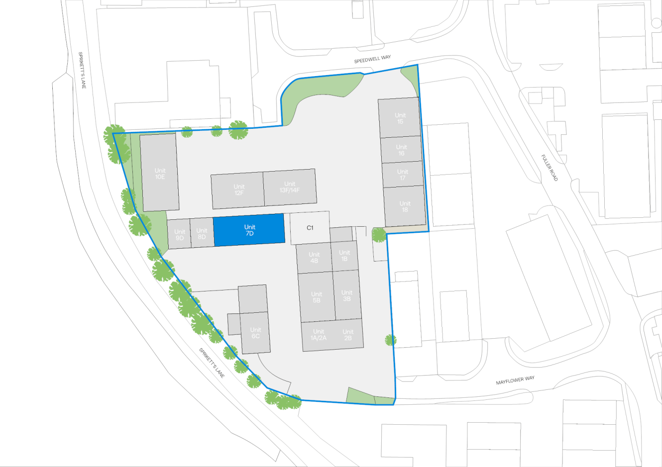 Site plan showing multiple labelled units and buildings within a blue boundary, surrounded by roads and green areas with trees on the left side.