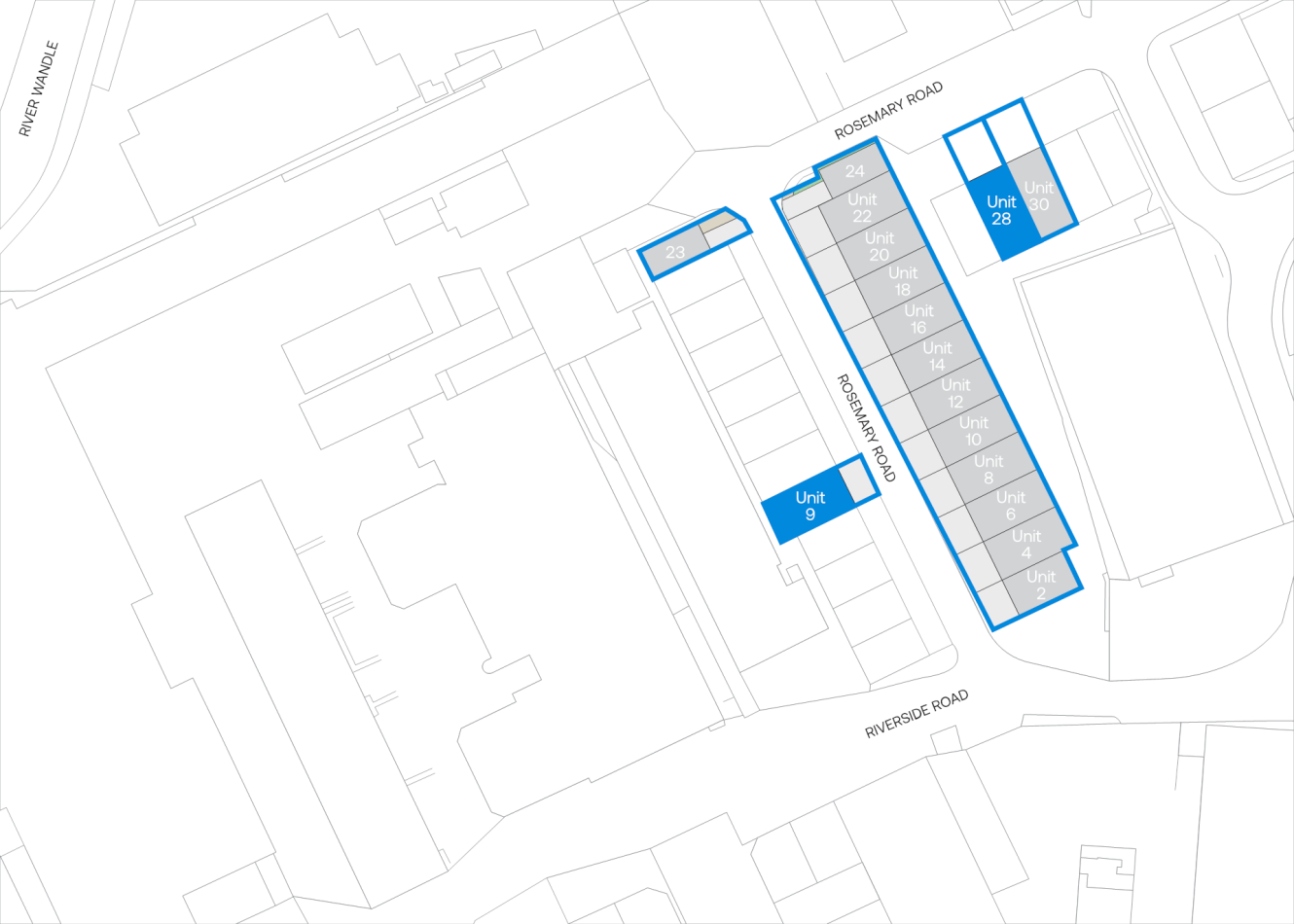 Site map showing outlined and labelled units 9, 23, and 28 in blue, with additional unlabelled units along Rosemary Road and Riverside Road near River Wandle.