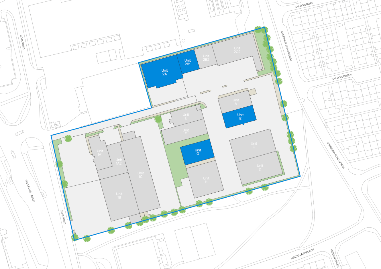 Site map showing several buildings outlined in grey, with Units 2A, 2B, 2D, E, and G highlighted in blue, surrounded by roads and green tree symbols along the perimeter.