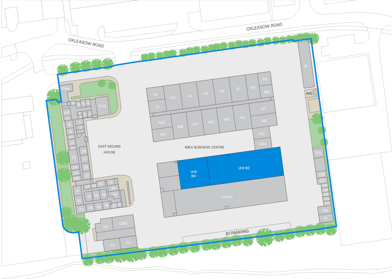 Site plan showing East Moons House flats, MEX Business Centre with labelled units, B1 car park area, and surrounding roads and greenery.
