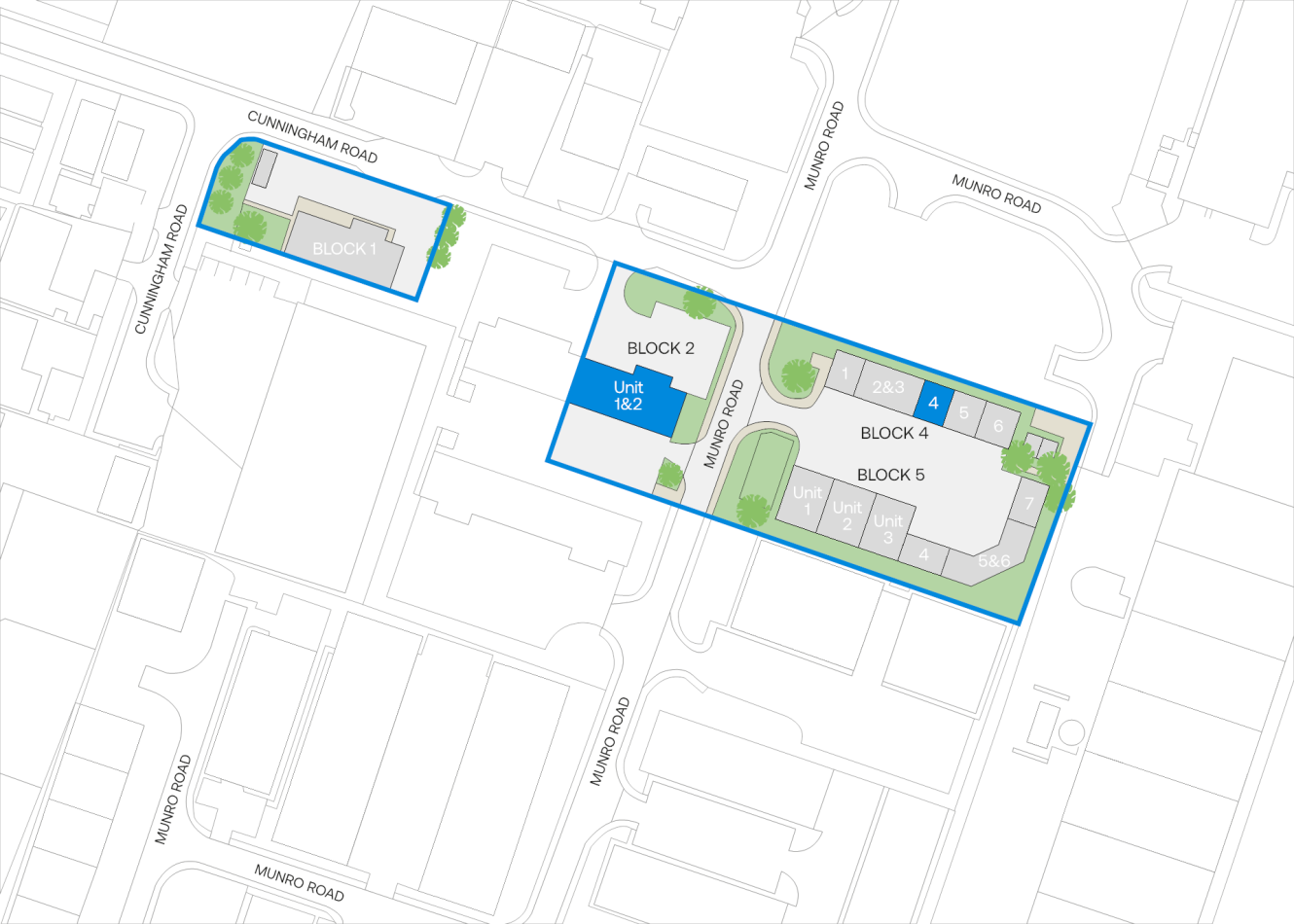 Site map showing blocks 1–5 and labelled units 1, 14/2, 24/3, 36/4, and 54/5, bordered by Cunningham Road and Munro Road. Block 1 is separated from the main cluster.