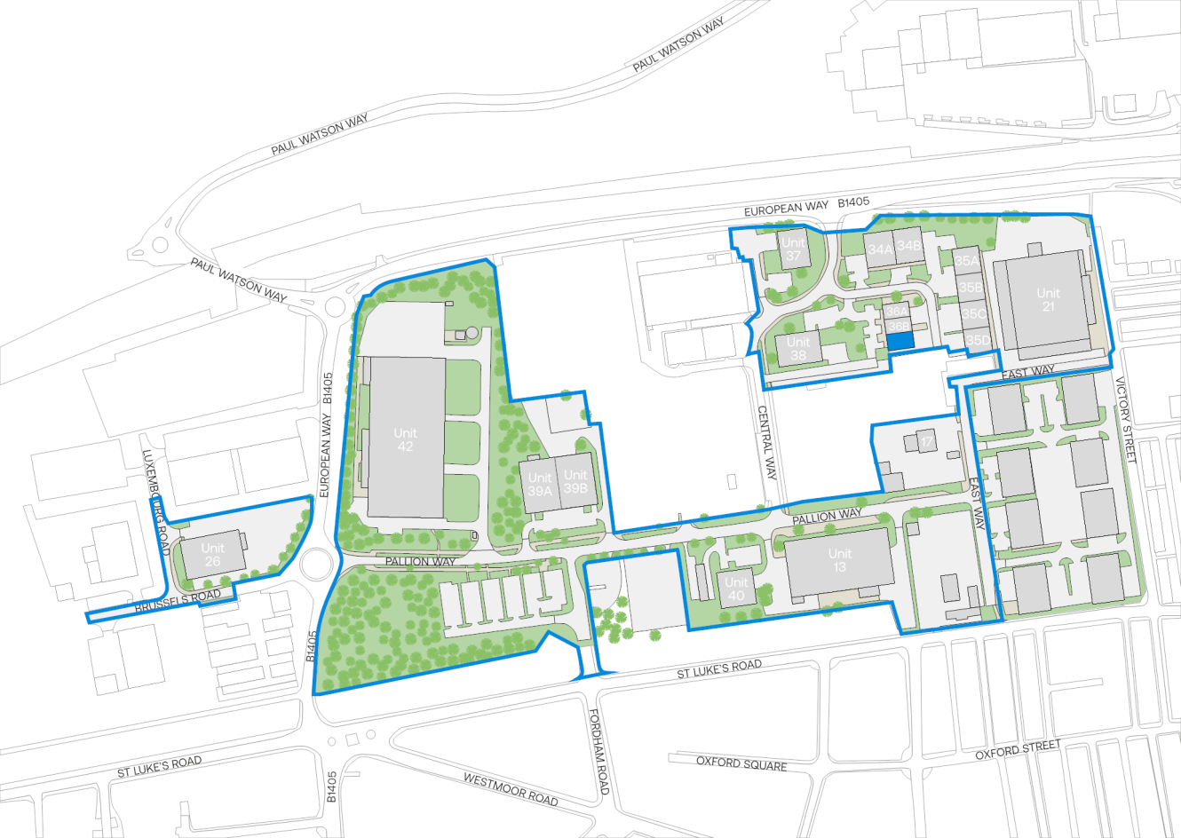 Site plan showing multiple buildings, labelled units, roads, green spaces, and walking paths outlined in blue within an urban area.