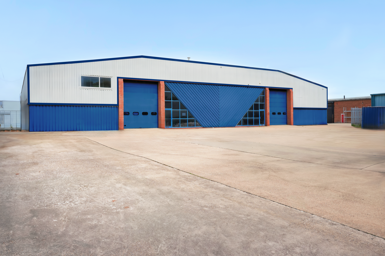 A building with a blue door.