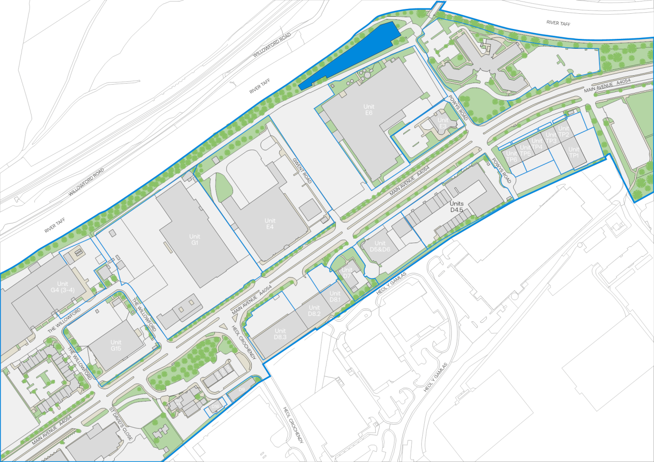 A detailed site plan showing buildings, roads, green spaces, and pathways within a defined area; boundaries are marked in blue.