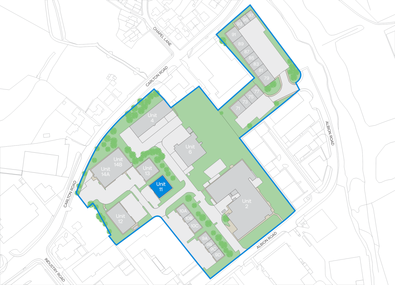 Site map showing several building units labelled with numbers and letters, outlined in blue, with roads and green spaces marked; Unit 11 is highlighted in dark blue.