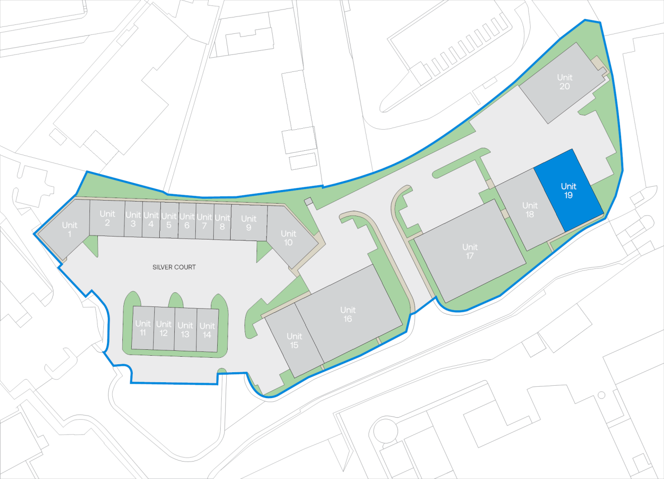 Site map of a building complex labelled Silver Court, showing multiple units numbered 1 to 20, with Unit 19 highlighted in blue. Roads and pathways are also marked.