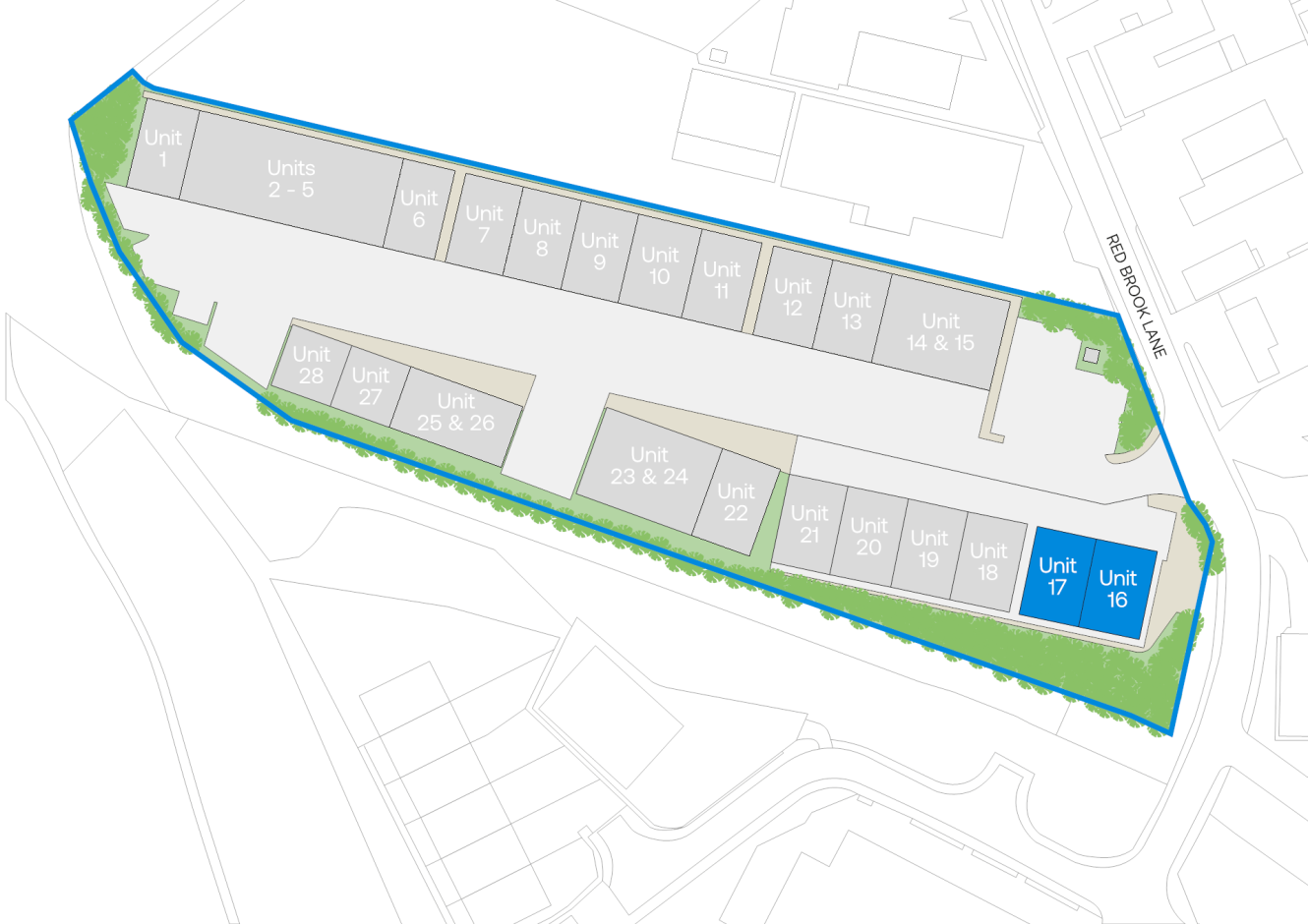 Site plan of multiple rectangular units, each labelled by number, bordered by a blue outline; Units 16 and 17 highlighted in blue near Red Road/Ailsa Lane.