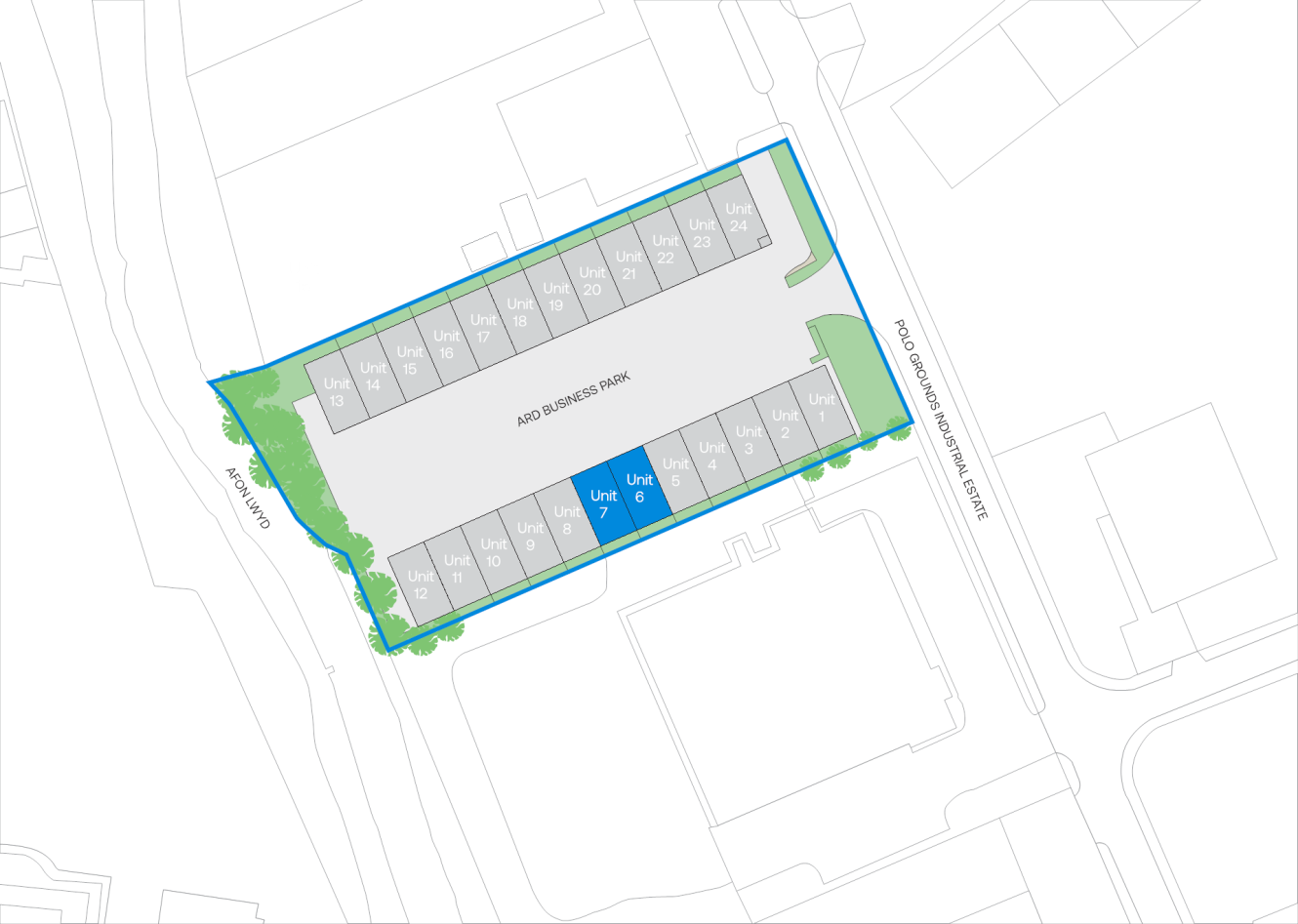 A site map of ASD Business Park showing 28 labelled units, with Unit 7 highlighted in blue, surrounded by roads and greenery.