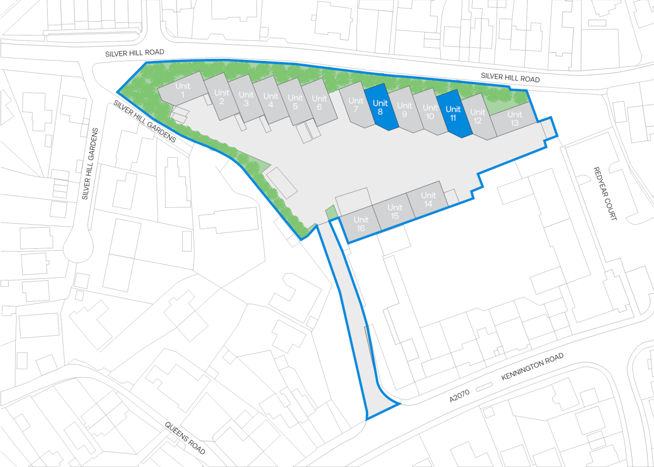 Site plan showing 13 housing units in a row along Silver Hill Road, with access routes highlighted in blue and surrounding streets labelled.