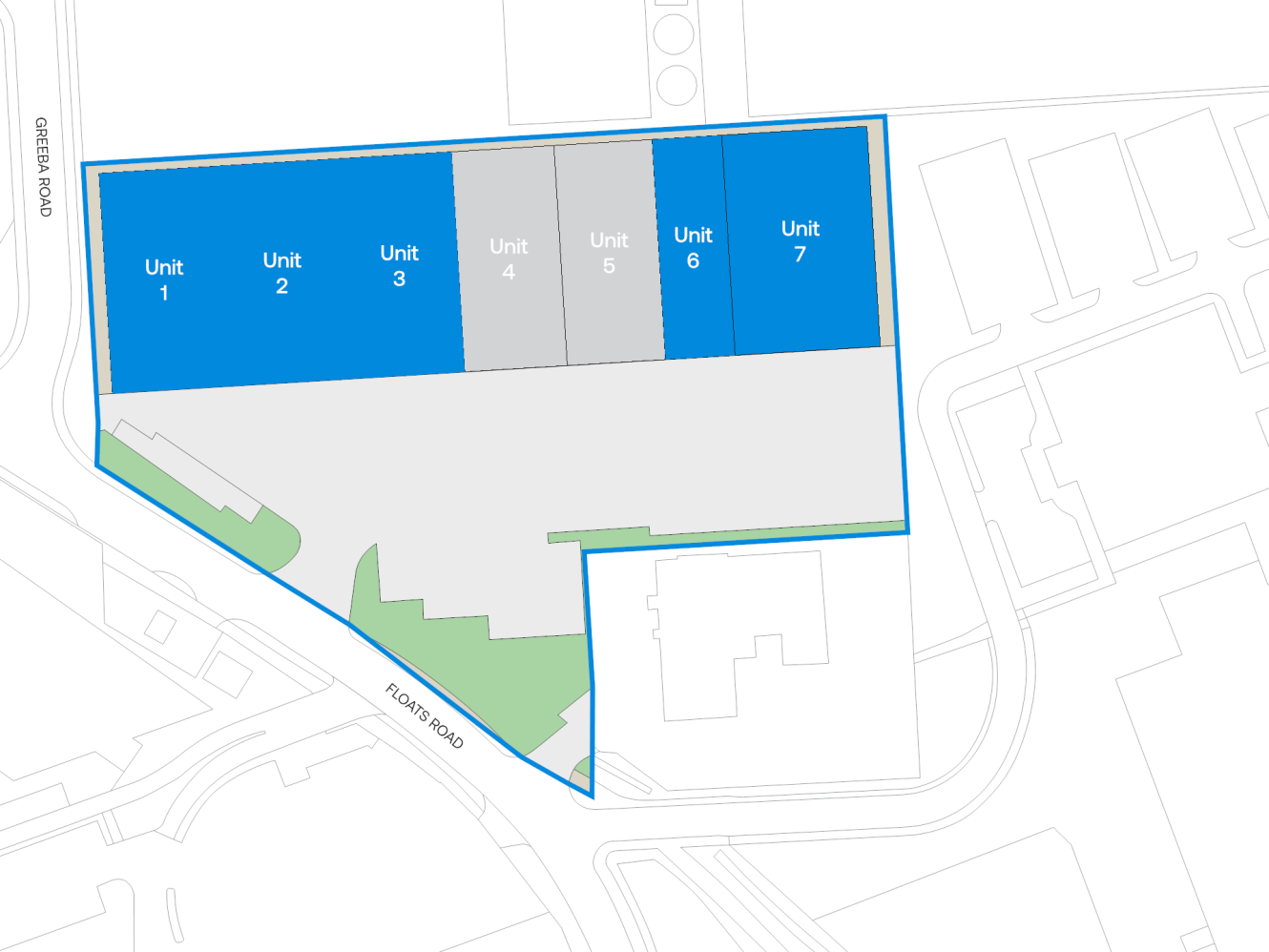 Site map showing seven units in a rectangular layout; Units 1-3 and 6-7 are highlighted in blue, Units 4-5 are shaded grey. Roads and green areas are visible nearby.