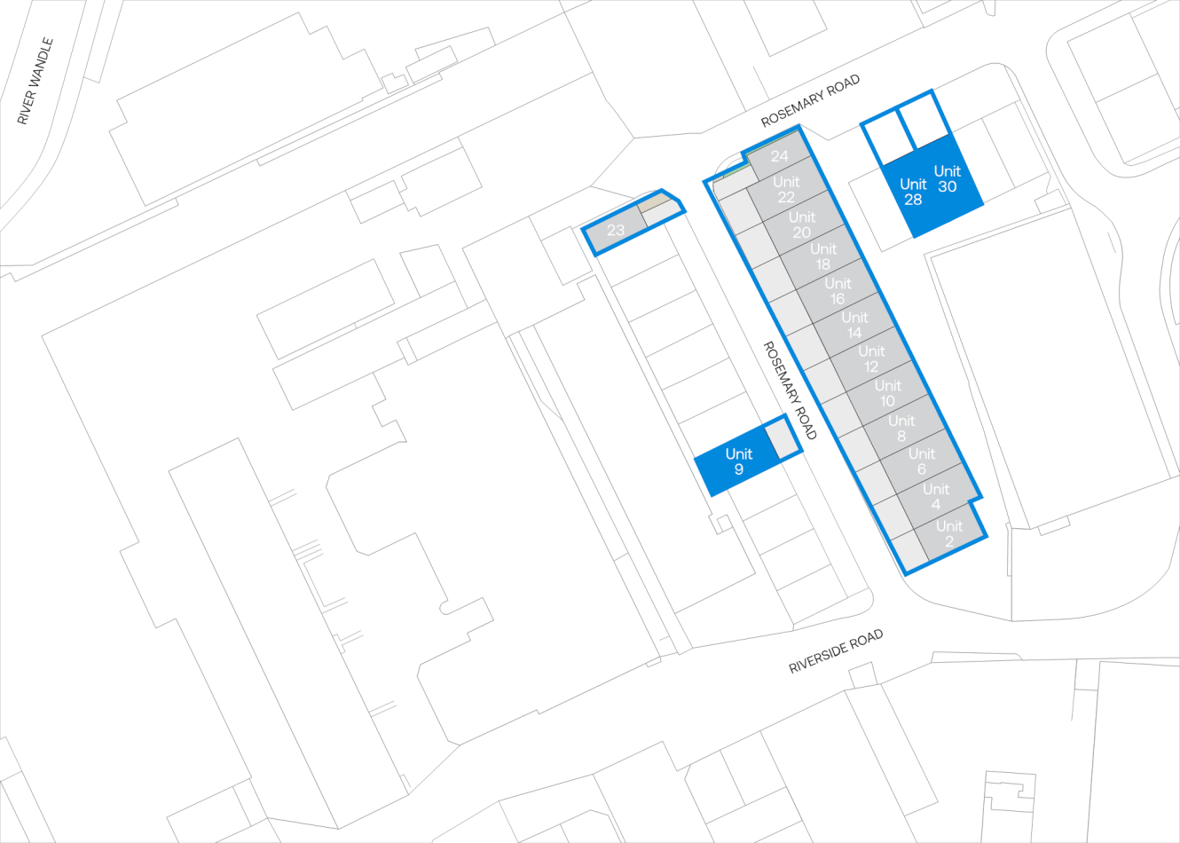 Site map showing outlined units numbered 9, 23, 24, 25, 26, 27, 28, 29 and 30 along Rosemary Road and Riverside Road, with surrounding buildings and streets labelled.