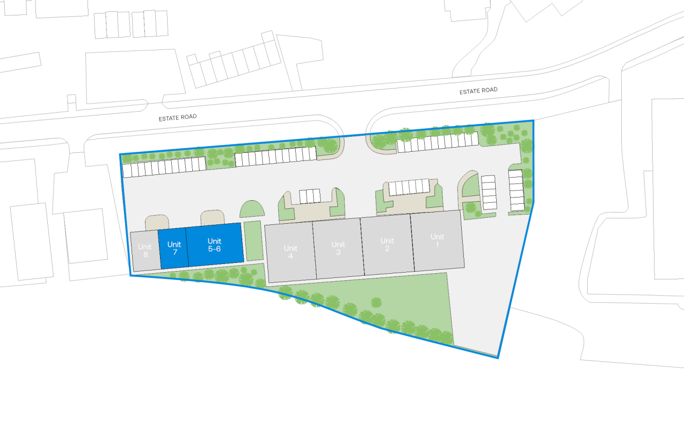 Site plan showing eight labelled units with car parks, greenery, and access roads, bordered in blue, along Estate Road. Units 5–7 are highlighted in blue.