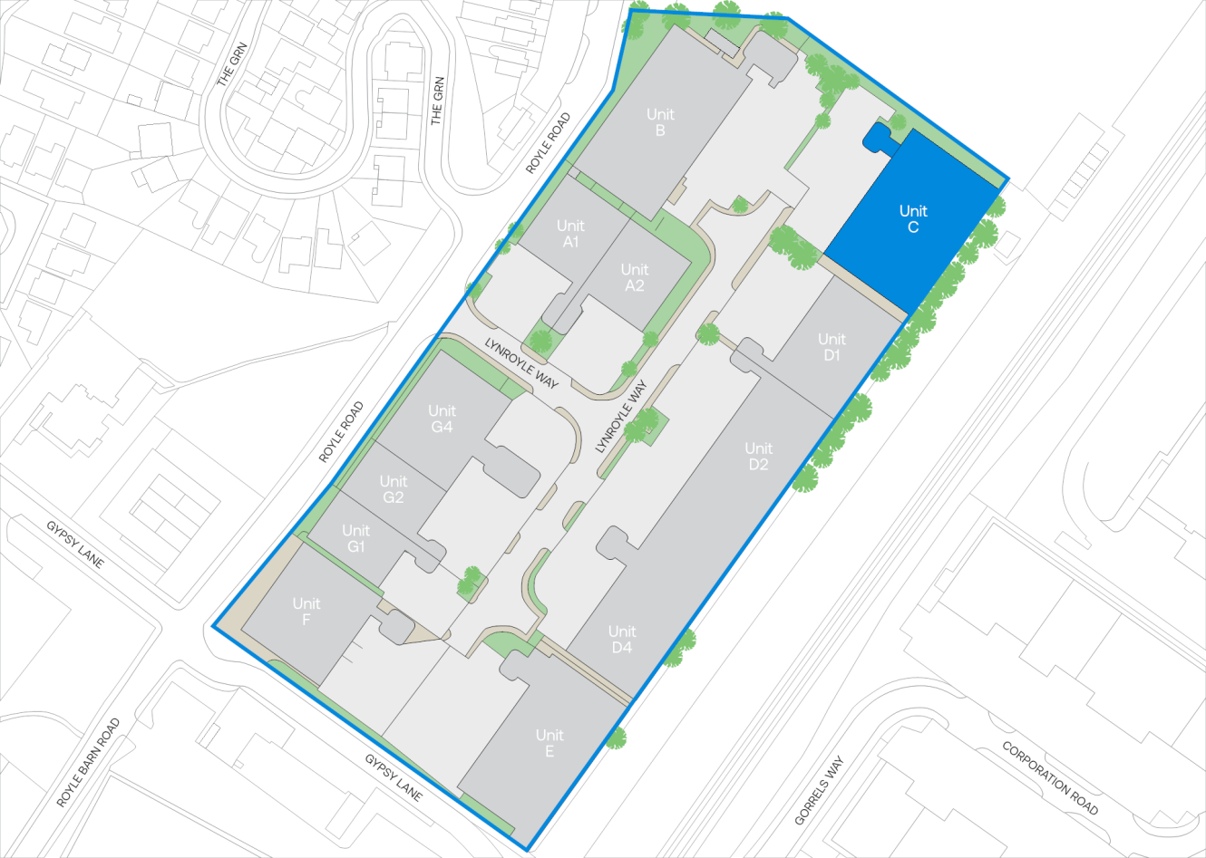 Site map showing multiple residential units labelled A1 to G2 and C, with Unit C highlighted in blue; roads and surrounding buildings are visible.