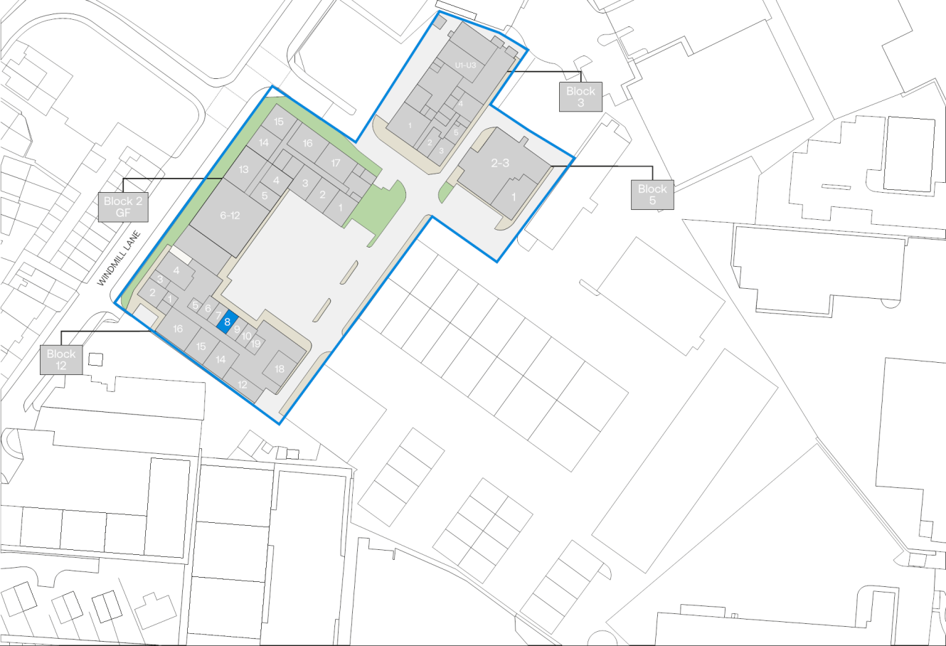 Site map showing outlined building blocks labelled 6-1 and 6-2, adjacent roads, and surrounding structures, with blocks G, C, B, and E marked nearby.