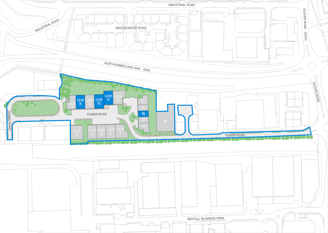 Site plan showing a complex of numbered units (1–15) along Tower Road, with access roads, surrounding buildings, and landscaped areas outlined in blue.
