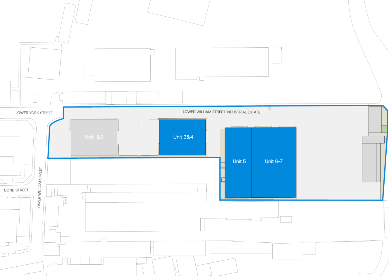 Site map showing Lower William Street Industrial Estate with Units 1&2, 3&4, 5, and 6-7 highlighted in blue, bordered by Lower York Street and Lower William Street.